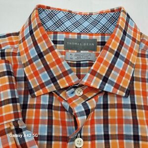 Thomas Dean Mens Plaid Button Down Shirt XL 100% Cotton Dress Casual